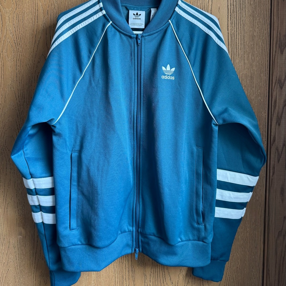 Adidas Blue Zip-Up Track Jacket with White Stripes